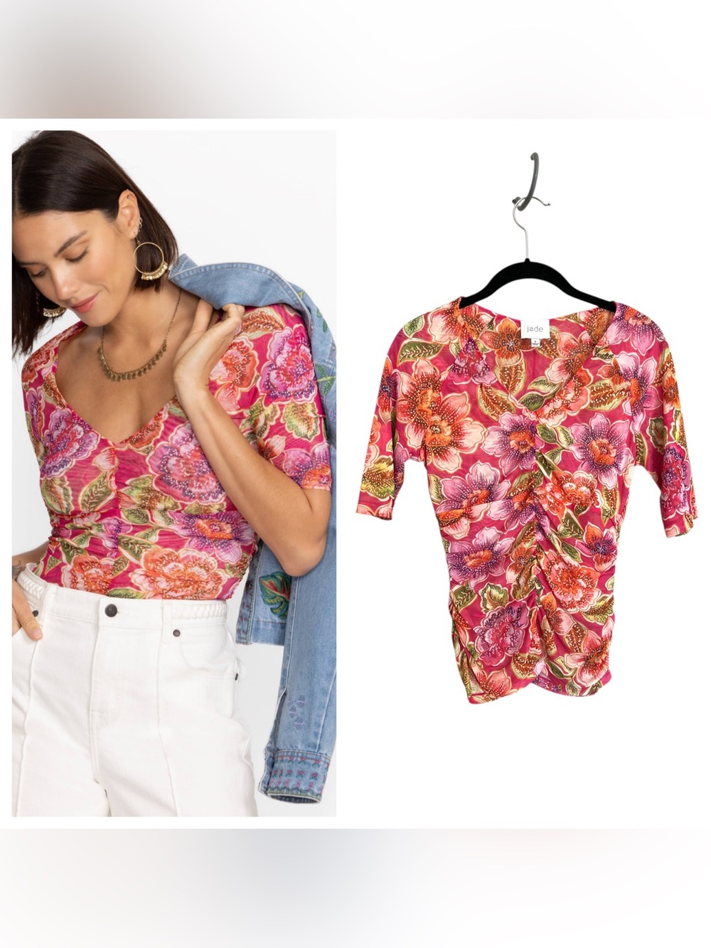 Jade by Johnny Was Gloriana Mesh Tee pink floral ruched stretchy short sleeve S